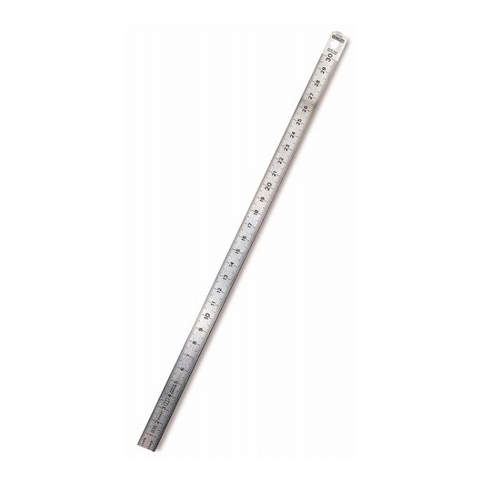 Metal ruler with clear metric markings, used for measuring and drawing straight lines.