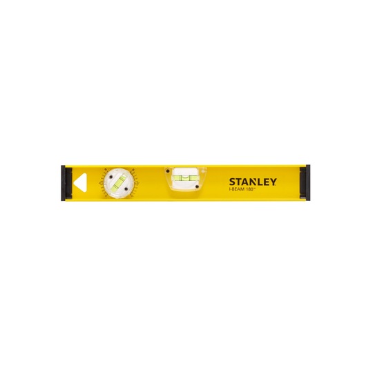 Photo of STANLEY 1-42-919 yellow I-Beam spirit level with dual vials, front angle, on white background.