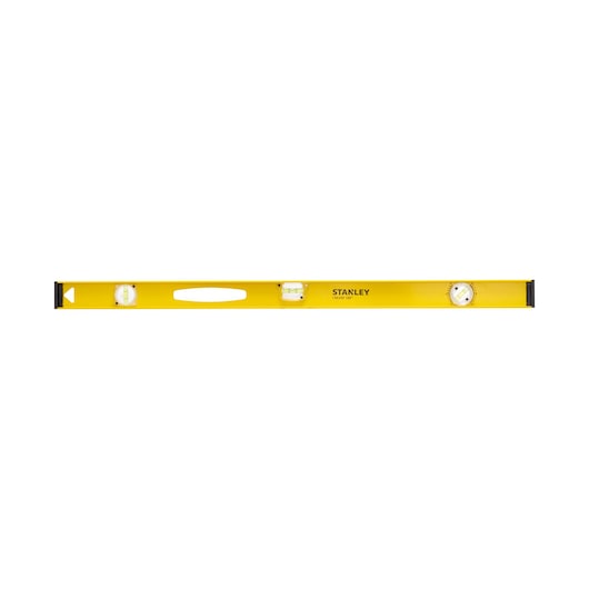 Photo of STANLEY 1-42-922 box level, yellow with three vials, top view on white background.