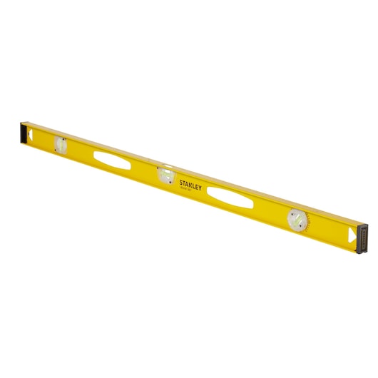 STANLEY 1-42-923 yellow spirit level with three vials, photography, angled on white background.