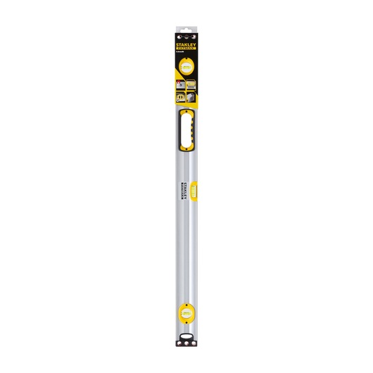 STANLEY 1-43-537 aluminum spirit level with ergonomic handle, photographed front on white background.