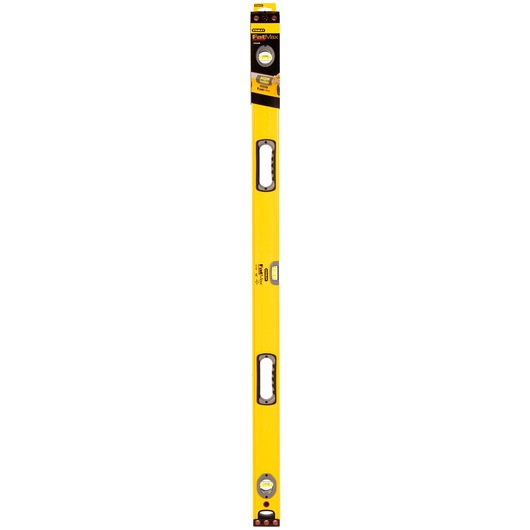 STANLEY 1-43-548 yellow spirit level, front angle, with ergonomic handles and visible vials.