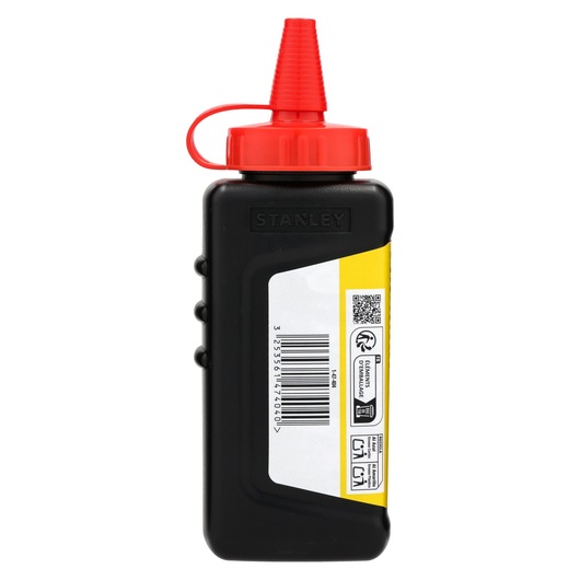 STANLEY 1-47-404 chalk powder bottle with red cap, product photography, side angle, black container.
