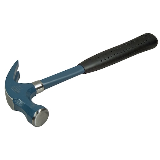 STANLEY 1-51-488 claw hammer with blue steel head and black rubber handle, side view on white background.