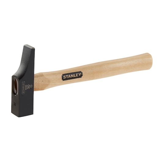 STANLEY 1-54-643 black and wood bricklayer hammer, side angle, wood handle, visible logo.