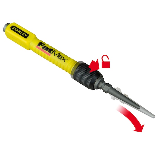STANLEY 1-58-501 FatMax yellow tapered reamer tool with black grip, shown at angle on white background, red unlock icon.