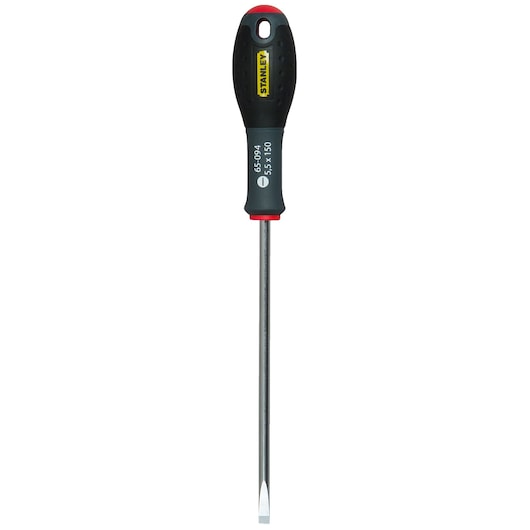 Stanley flathead screwdriver with black handle and metal shaft, model 1-65-094.