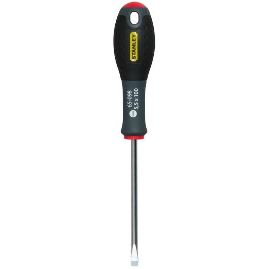 Stanley flathead screwdriver with black, red handle and metal blade, model 1-65-098, 5.5 x 100 mm.