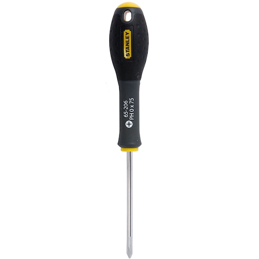 STANLEY 1-65-206 Phillips screwdriver with black and yellow handle, front angle, on white background.