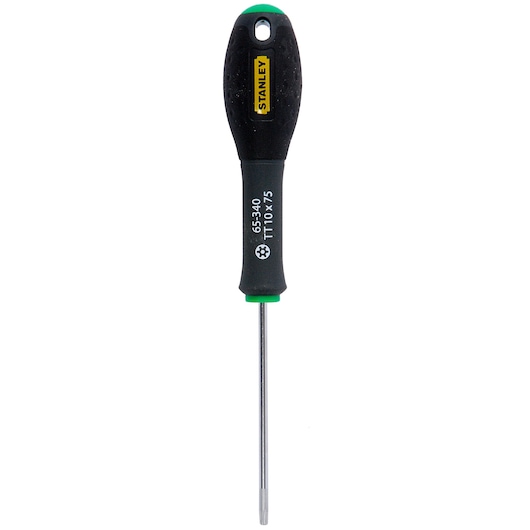STANLEY 1-65-340 Torx screwdriver with black and green handle, TT10x75, front view on white background.