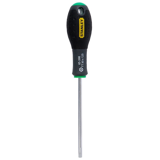 STANLEY 1-65-398 Torx screwdriver with black and green ergonomic handle, front view on white background.