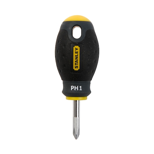 STANLEY 1-65-406 stubby Phillips screwdriver, black and yellow handle, front view, photography.