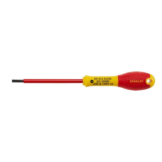 Stanley insulated flathead screwdriver with red and yellow handle, suitable for electrical work up to 1000V.