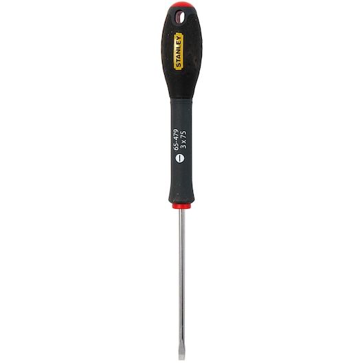 Stanley flathead screwdriver with black handle and silver shaft, model 1-65-479, size 3x75mm.