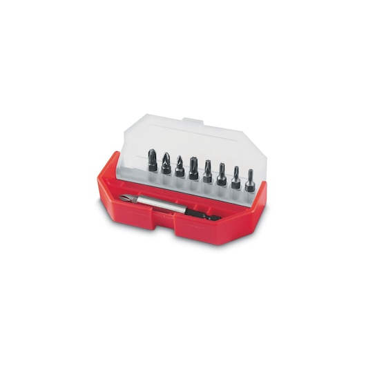 STANLEY 1-68-724 screwdriver bit set in red plastic case with transparent lid, photo from above.