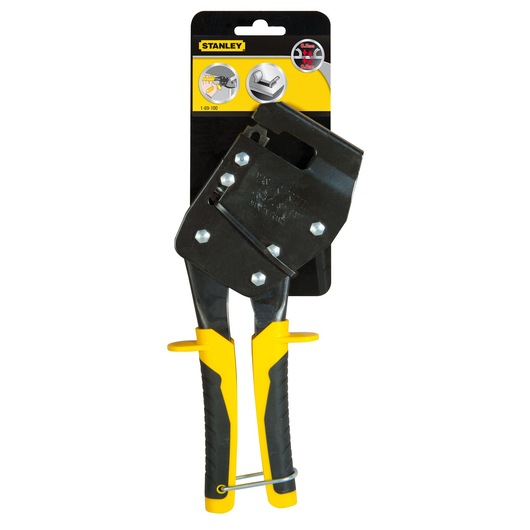 STANLEY 1-69-100 sheet metal pliers with yellow and black handles, front packaging view.