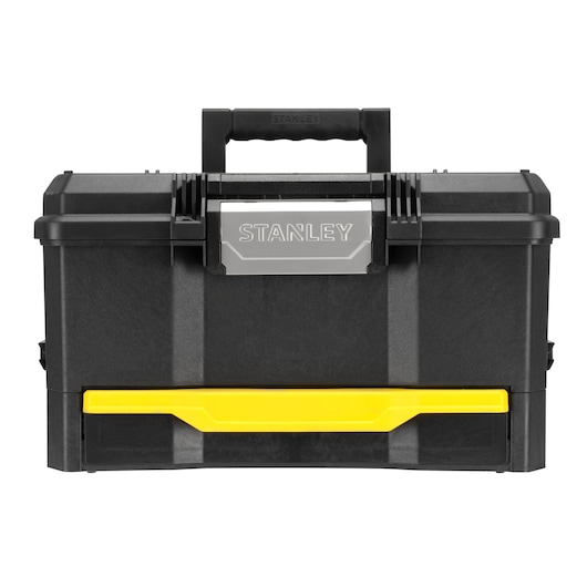 Photo of STANLEY 1-70-316 black toolbox with yellow drawer, front angle, white background.