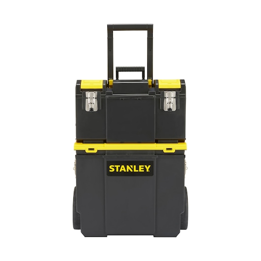 STANLEY 1-70-326 mobile tool chest, black and yellow, photography, front angle on white background.