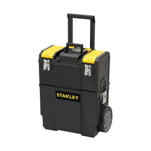 STANLEY 1-70-327 rolling tool box, black with yellow lid accents, large wheels, front angle on white background.