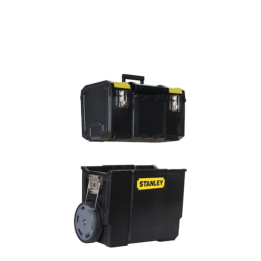 Stanley black toolbox with wheels and handle, shown open with lid above base.