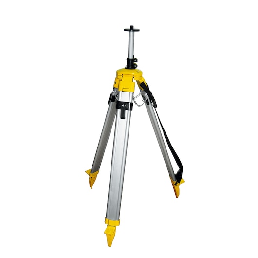 STANLEY 1-77-131 photography tripod, yellow and silver, front angle on white background.