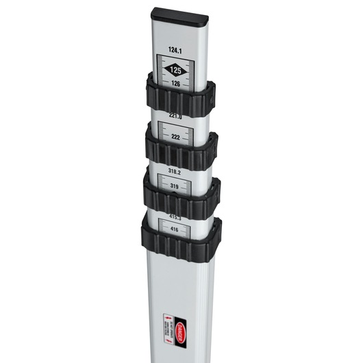 STANLEY 1-77-161 telescopic leveling staff with measurement marks, white background, angled view.