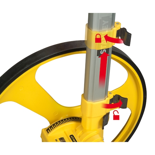 STANLEY 1-77-174 photography of yellow measuring wheel with close-up adjustable locking mechanism, white background.