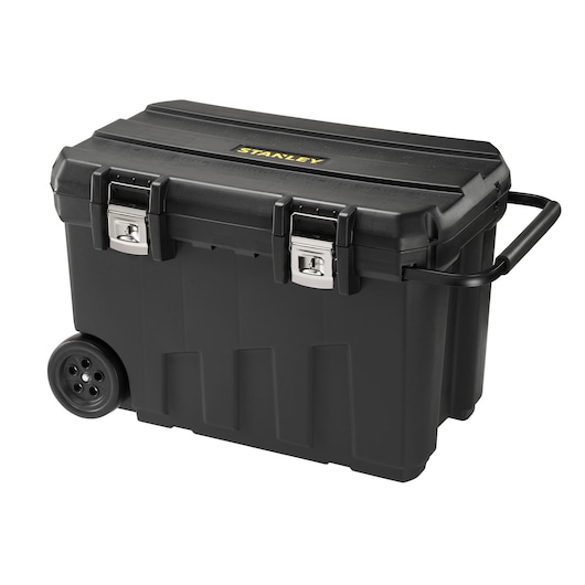 STANLEY 1-92-978 large black rolling toolbox, metal latches, side handle, angled product photo.
