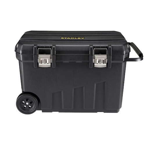 STANLEY 1-92-978 black rolling toolbox with metal latches and handle, front view on white background.