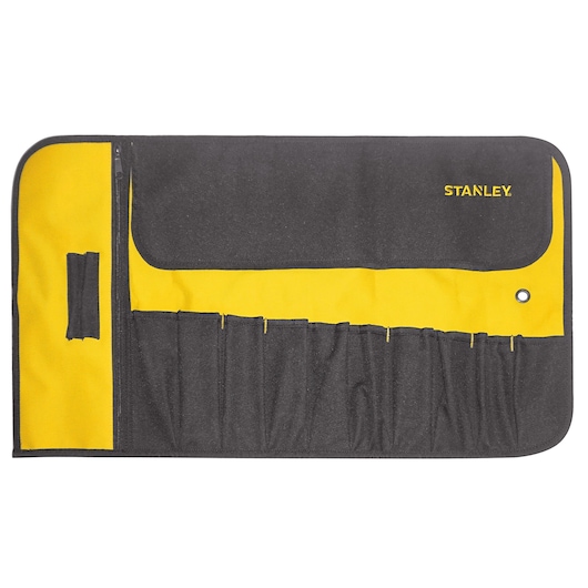 STANLEY 1-93-601 tool roll, black and yellow fabric with multiple pockets, flat top view.