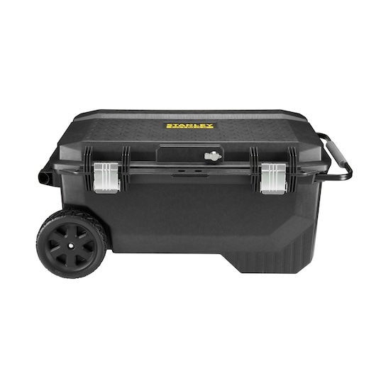 STANLEY 1-94-850 wheeled black toolbox, front view, showing robust latches and large carrying handle.