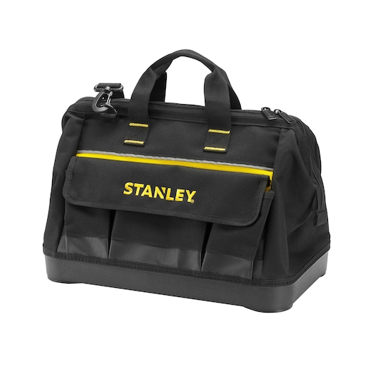 STANLEY 1-96-183 black tool bag with yellow accents, front angle, sturdy handles and multiple pockets.