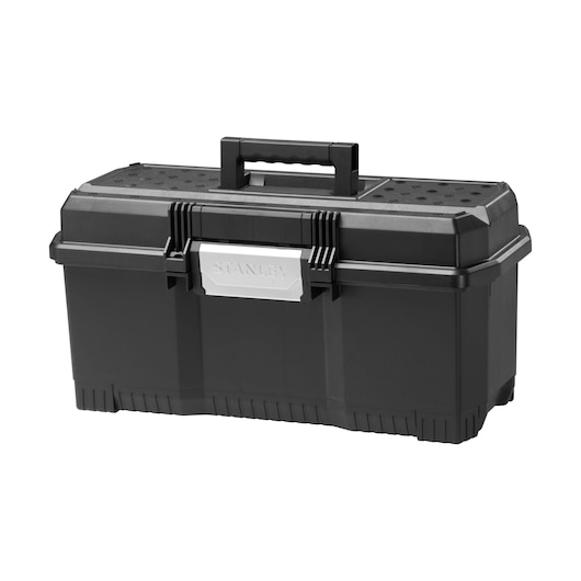 Black Stanley toolbox with a silver latch and a handle on top. Rectangular shape with sturdy plastic build.