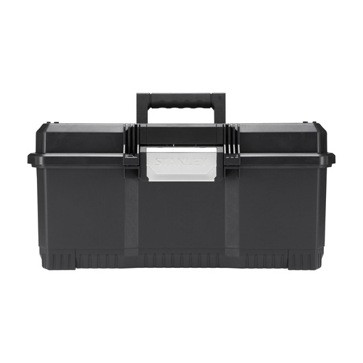 Black Stanley toolbox with a sturdy handle and secure metal latch, suitable for storing tools or accessories.