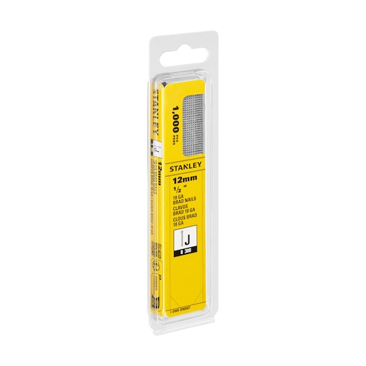 STANLEY 1-SWK-BN050T 18GA brad nails, 12mm, 1000 pieces, yellow packaging, product angled right.