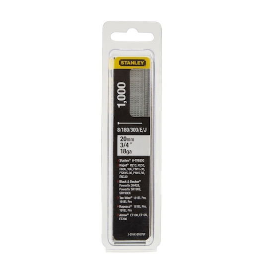 Stanley 1-SWKBN075T photography of 20mm staples pack, 18 gauge, 1000 count, front view, white background.