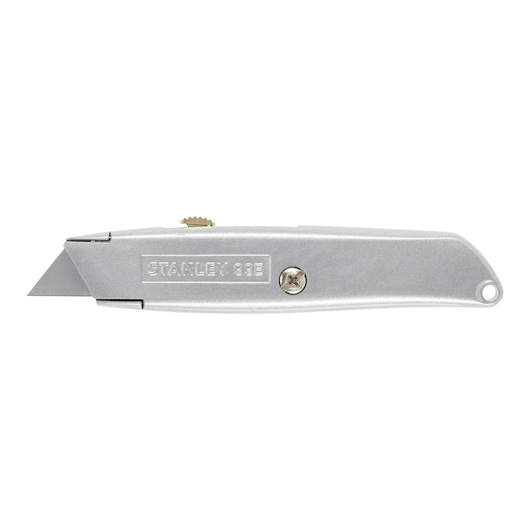 Photo of STANLEY 2-10-099 silver utility knife, side view, with retractable blade and metal body.