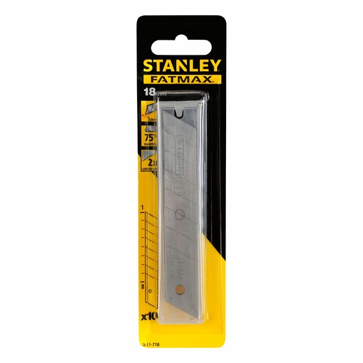 STANLEY FATMAX 2-11-718 snap-off utility blades pack, silver blades in black and yellow packaging, front view.