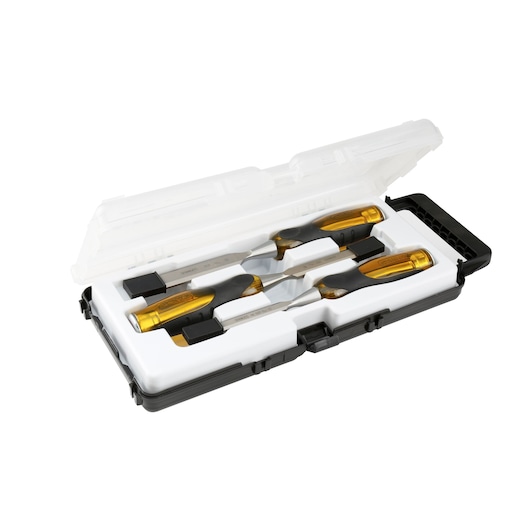 Photo of STANLEY 2-16-270 chisel set with amber handles in a white and black plastic case, angled view.