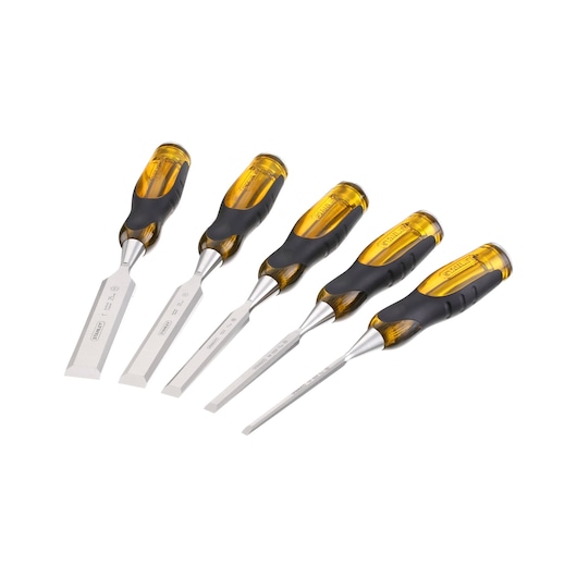 STANLEY 2-16-271 chisel set with five chisels, yellow and black handles, angled front view on white background.