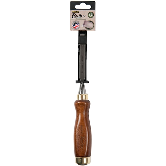 STANLEY 2-16-385 wood chisel with brown wooden handle, brass ferrules, and packaging, front angle.