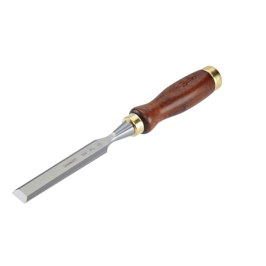 STANLEY 2-16-390 wood chisel with polished steel blade and brown wooden handle, angled product photo.