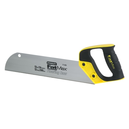 Photo of STANLEY 2-17-204 FatMax flooring saw with black and yellow ergonomic handle, side view on white background.