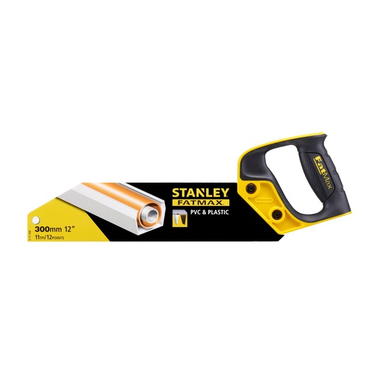 STANLEY 2-17-206 FatMax PVC and plastic saw, 300mm, yellow and black handle, front angle.