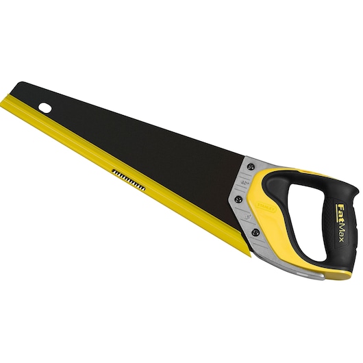 Photo of STANLEY 2-20-528 hand saw with yellow and black handle, straight blade, left side angle on white background.
