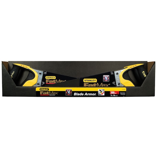 STANLEY 2-20-528 FatMax hand saw with yellow and black handle, front angle, in packaging.