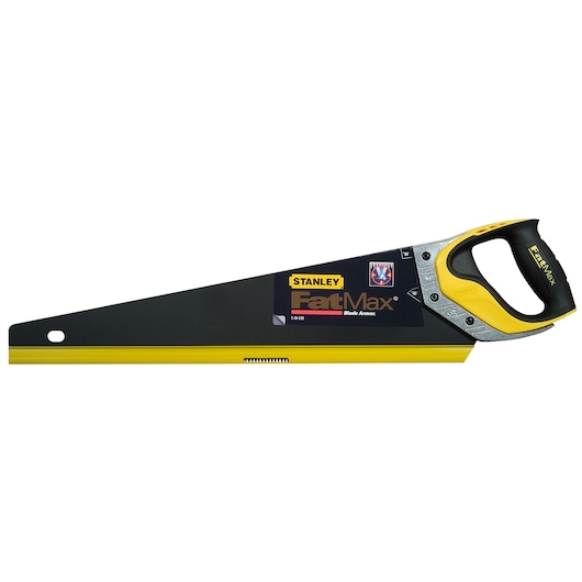 STANLEY 2-20-529 FatMax hand saw with black and yellow handle, side angle, photography.