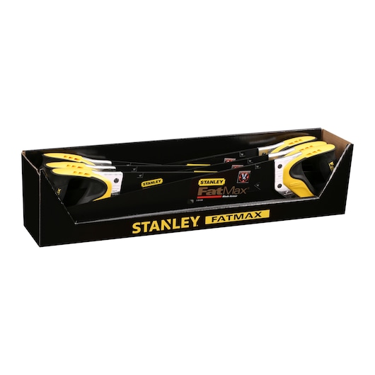 STANLEY 2-20-530 hand saws with yellow handles in a black FatMax display box, front angle.