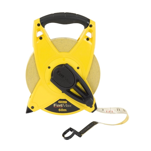 STANLEY 2-34-824 FatMax 60m yellow open reel tape measure, front angle, black handle and crank.