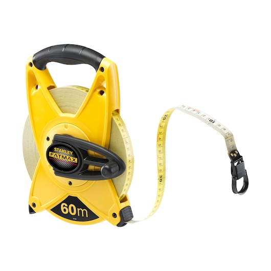 STANLEY 2-34-824 open reel tape measure, yellow and black, FATMAX, 60m, photography, front angle.